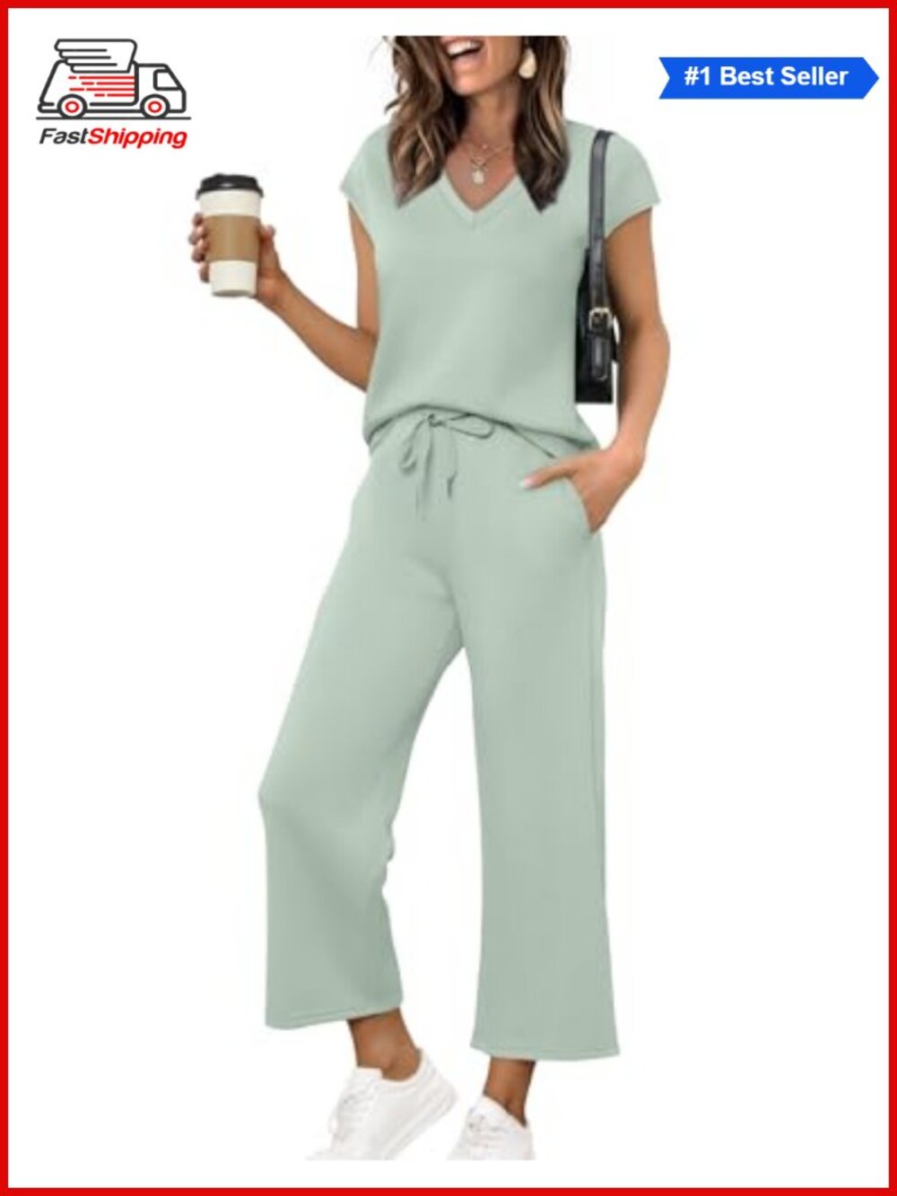 ✨Saloogoe Two Piece Set Women V Neck Cap Sleeve Top Wide Leg Pants Lounge